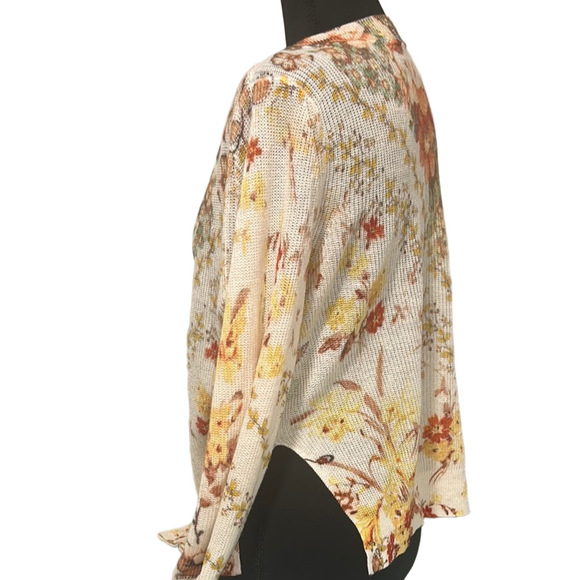 Anthropologie Floral Knit Sweater XS Ivory Linen Blend V Neck - Picture 8 of 16